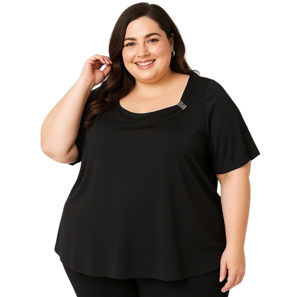 Rafaella Top 3X Black Pullover Silver Buckle Asymmetric‎ Short Sleeve Minimalist